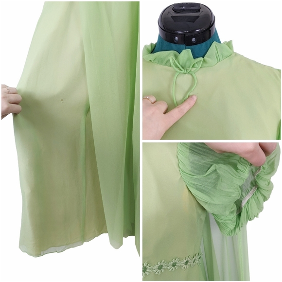 1960s Fairy Cape Dress Flower Power Vintage Prom Formal Romantic ILGWU Green vtg - Picture 8 of 9